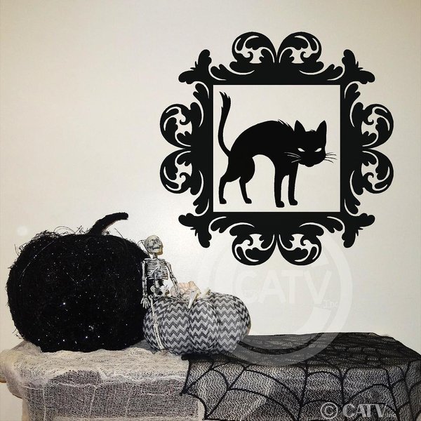 Halloween Vinyl Decal Frame #14 Black Cat Portrait Vinyl Lettering Decal Home Decor Wall Art Sticker (Medium 16.5x16.5)