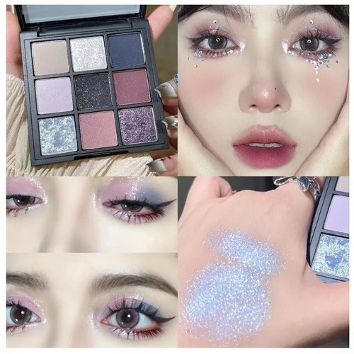 TKDKSFD 9 Color Eye Shadow Palette Purple Smokey Glitter Pearly Acrylic Transparent Eyeshadow Palette Korean Charming Eyes Make Up Palette