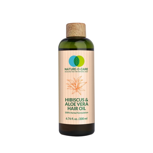 NATURE-O-CARE Hibiscus & Aloe Vera Herbal Hair Oil for Nourished and Shiny Hair- Anti-Breakage Formula Nourish, Strengthen & Hydrate Scalp & Hair Follicles 6.76 FL.OZ