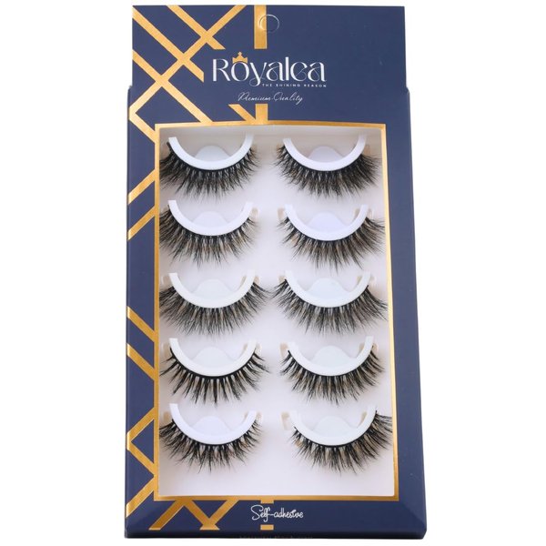 Natural Fiber Self-Adhesive Eyelashes Gift Set - Handmade Vegan Lashes for Beginners, Easy to Use Wispy Falsies -Doll and Cat Eye Lashes, Reusable Strip Lashes by Royalea (5-Pair Variety Pack)