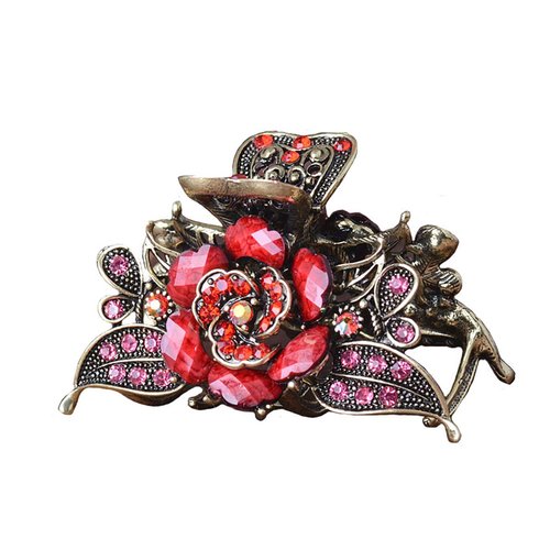 Fodattm Women Lady Retro Rose Flower Imitation Turquoise Hair Claw Clip Vintage Alloy Rhinestone Non-Slip Hair Jaw Clips Hairpin Hair Clamp (Red)