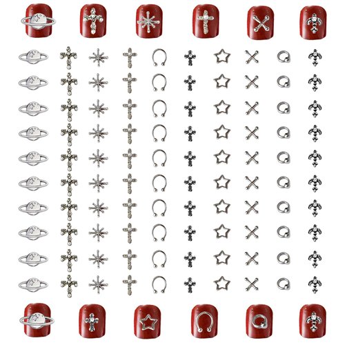 110Pcs Silver Nail Charms And Gems Star Planet Cross Alloy Nail Art Decoration Metal 3D Nail Art Charms Y2k Nail Jewels Accessories For Nail Art Supplies Manicure Craft DIY Nail Art Rhinestones