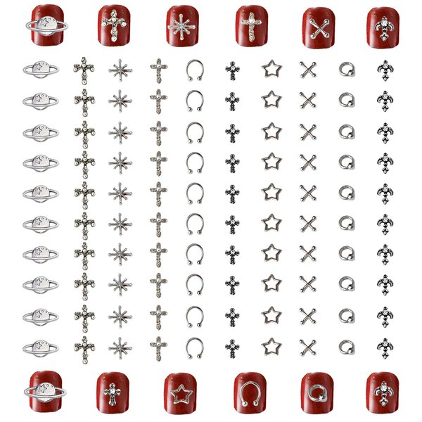 110Pcs Silver Nail Charms And Gems Star Planet Cross Alloy Nail Art Decoration Metal 3D Nail Art Charms Y2k Nail Jewels Accessories For Nail Art Supplies Manicure Craft DIY Nail Art Rhinestones