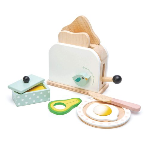 Tender Leaf Toys - Mini Chef Breakfast Toaster Set - 10 Pcs Classic Wooden Pop Up Toaster Toy for Pretend Cooking - Develops Social, Creative & Imaginative Skills Learning Role Play - Age 3+