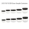 ZEJIA 10pcs Small Travel Containers, Black Sample Containers with Screw Lids, 5 Size 3/5/10/15/20 Gram Sample Jars with 12pcs Labels and 2pcs Mini Disposable Spatula, Makeup Sample Containers BPA Free