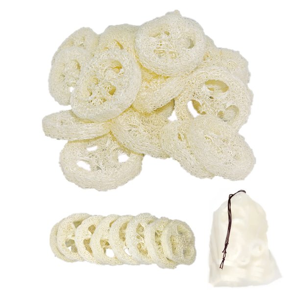 25Pcs Natural Loofah Slices of 2In, Reusable Natural Loofah Cuts for Cleaner Sponge Scrubber, Facial Soap Holder and DIY Customize Soap Tools for Wholesome Skin Care and Exfoliation with 1 Storage Bag