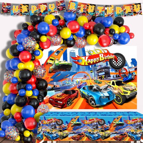 Race Car Birthday Party Decorations - 125PCS Hot Car Birthday Party Supplies Including Backdrop, Balloon Arch/Garland Kit, Tabblecloth, Banner