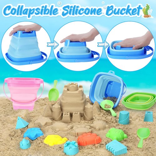 RACPNEL Collapsible Foldable Beach Sand Buckets and Shovels Set - Beach Toys for Kids with Mesh Bag & Sand Molds, Silicone Beach Sand Pails for Travel, Kids and Toddlers