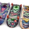 SPITBOARDS 32 x 96 mm Fingerboard Complete Wood Set-Up Assembled, 5-Layers, Silver Trucks with Bushings and Nuts, Transparent CNC Bearing Wheels, Lasered Foam Grip Tape Orange Green Skull