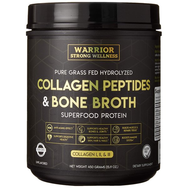 Warrior Strong Wellness Premium Collagen Peptides Bone Broth: Grass Fed Hydrolyzed Collagen Boost for Healthy Skin, Nails, Hair, Joints, Muscles, Bones, Digestion, Keto Friendly, Unflavored