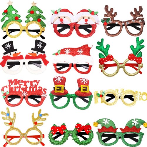 12Pcs Christmas Glasses Glitter Party Glasses Frames, 12 Cute Designs Christmas Costume Glasses Eyeglasses for Christmas Party Favors, Holiday Party Supplies, Christmas Decorations (One Size Fits All)