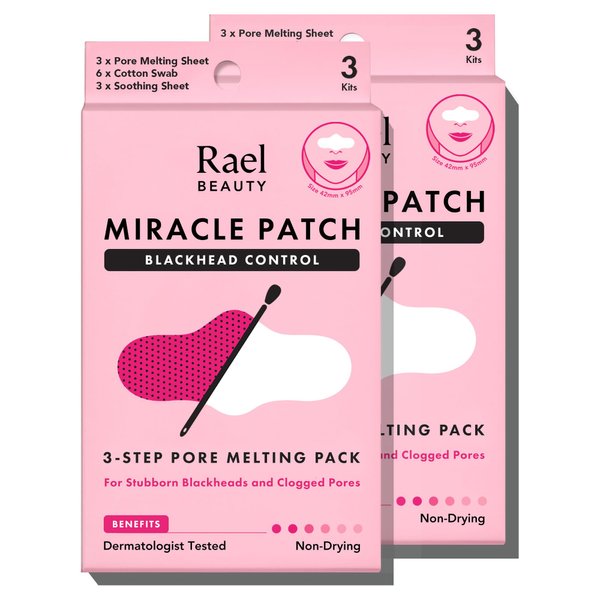 Rael Blackhead Remover, Miracle Patch Melting Pack - Nose Strips for Blackheads, Pore Melting and Soothing Sheets, 3 Step Kit, Sebum Removing Cotton Swabs, Dermatologist Tested (2 Pack)