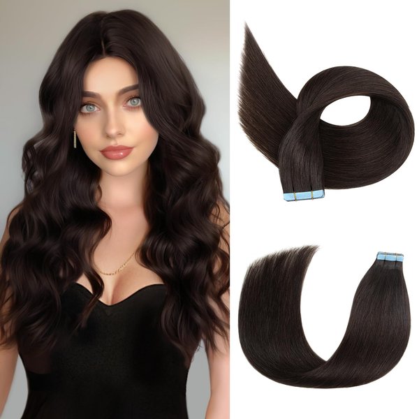 TANJET Tape in Hair Extensions Human Hair Natural Black 20 Inch Straight Seamless Invisible Skin Weft Thick Soft Straight Off Black Human Hair Extensions Tape (#1B 20 Inch 50g/Pack 20pcs)