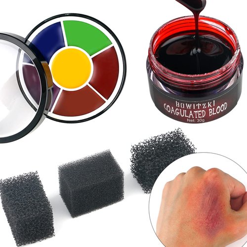 Bowitzki Halloween Makeup SFX Starter Kit-6 Color Oil Based Face Paint Bruise Wheel,3 Stipple Sponges,Stage Blood,Perfect for Party Cosplay Stage & Wound Theatrical Makeup (Bruise Makeup Kit)