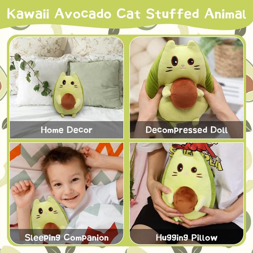 Leokawin Cat Stuffed Animal Avocado Pillow Plush, Cute Stuffed Avocado Cat Plush Toy, Kawaii Green Avocado Cat Plush Doll, Soft Green Cat Plush Pillow Gifts for Kids Boys and Girls