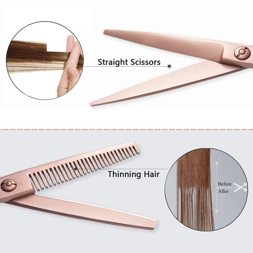 PURPLEBIRD Hair Cutting Scissors Thinning Shear Set Professional Barber 6 inch Texturizing Blending Shear Razor Edge Haircut Styling Kit for Men, Women, and Kids, Japanese Stainless Steel, Rose Gold