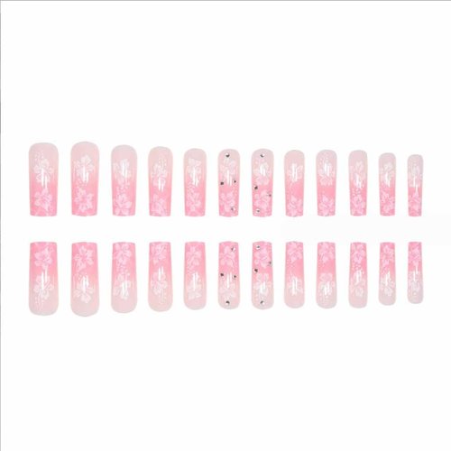 Foccna Pink Press on Nails Long,Flower Fake Nails Square Bling Glossy Rhinestone False Nail Tips Artificial Nails for Women and Girls-24pcs