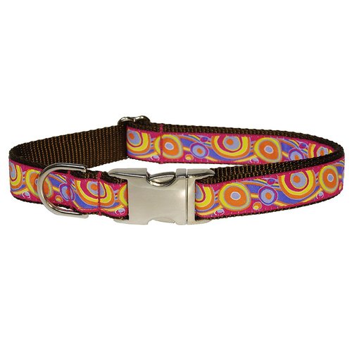 Small Pink/Orange Circles and Waves Dog Collar: 5/8" Wide, Adjusts 10-14" - Made in USA.