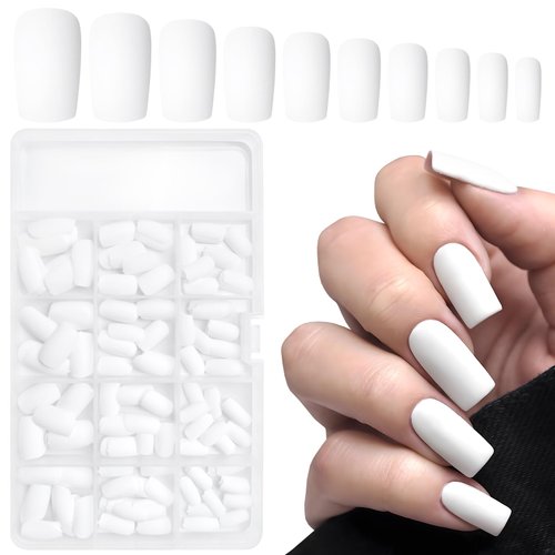 LuckForever 240pc Matte Square Press on Nails Medium Glue on Nails White Fake Nails Medium Square Acrylic Nails Press on Nails Full Cover Artificial False Fingernails with Nail Glue Adhesive Tabs