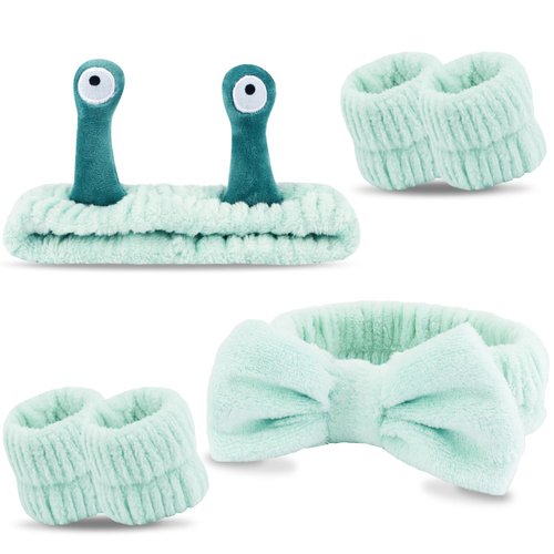 Atoden Spa Headband and Wristband Set Skincare Headband Makeup Headband Bowknot Snail Headbands Wrist Bands for Washing Face Cute Animal Face Wash Headband for Women Girls (Green)