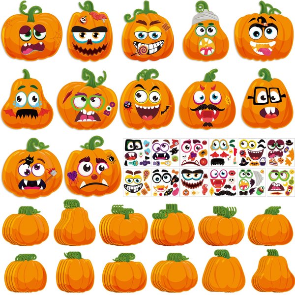 Motipuns 48 Sets Halloween Pumpkin Craft Kit Bulk DIY Pumpkin Face Decorating Stickers Make Your Own Funny Jack-o-Lantern Face Decal for Halloween Home Party Favor Supplies Activity