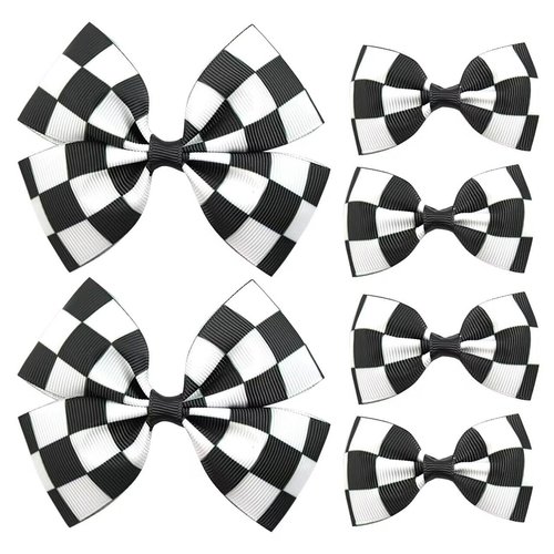 6 Pcs Checkered Hair Bow, Racing Flag Checkered Hair Clip, Black and White Hair Bow, Checkered Accessories Women, Birthday Party Halloween Bows for Girls, Racing Fan (2.5 Inch and 3.7 Inch)