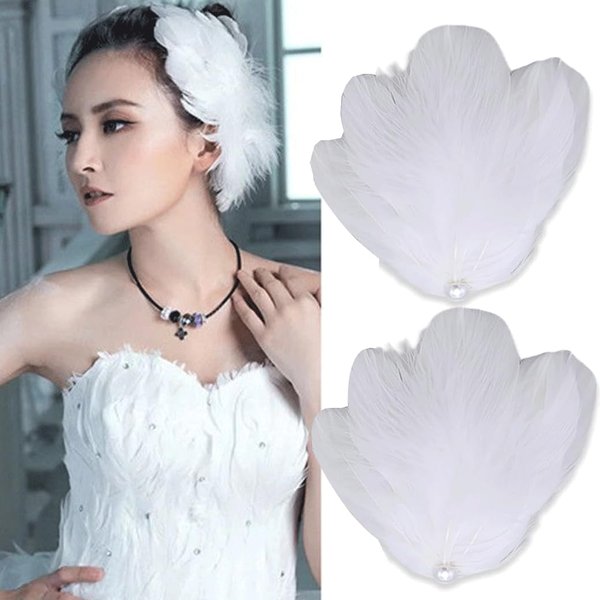 White Feather Hair Clips for Women 2 Packs, Ballet Style Pearl Ostrich White Swan Feather Hair Pins Accessories, Fly-Wing Shape Hair Barrettes Accessory Hairpins for Swan Lake Cosplay Show Danci