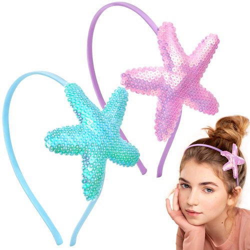 CustomyLife 2pcs Mermaid Starfish Headband for Girls, Purple Blue Glitter Sequin Hair Band, Sparkly Sea Star Beach Wedding Hair Accessories for Birthday Cosplay Show Christmas Halloween