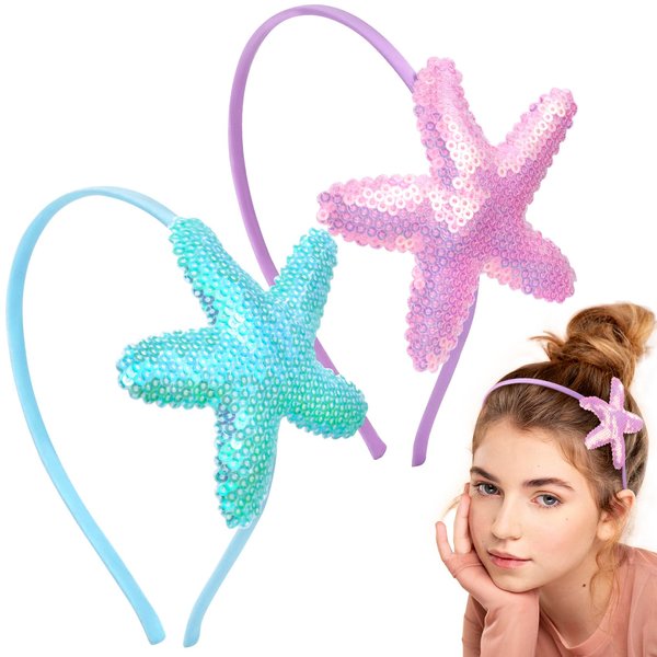 CustomyLife 2pcs Mermaid Starfish Headband for Girls, Purple Blue Glitter Sequin Hair Band, Sparkly Sea Star Beach Wedding Hair Accessories for Birthday Cosplay Show Christmas Halloween