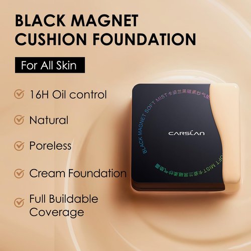 CARSLAN Black Magnet Cushion Foundation - Full Buildable Coverage, Moisturizing, Lightweight, 16H Long-Lasting Glow Looking, Refill Included, 03.Medium Beige