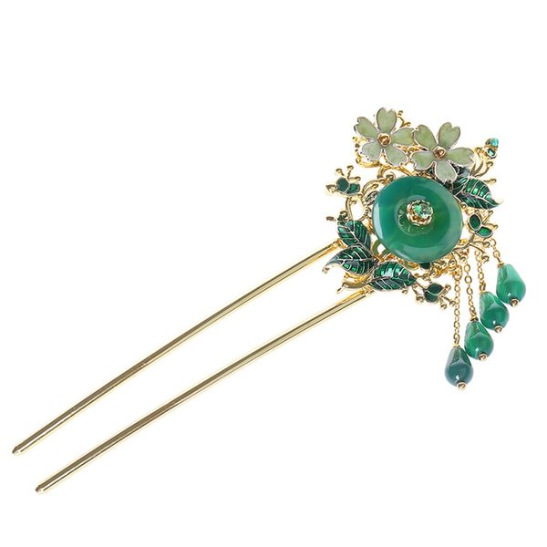 Handmade Chinese Women U-shaped Hair Stick, Daily Tassel Green Hairpin Headwear Cosplay Gift