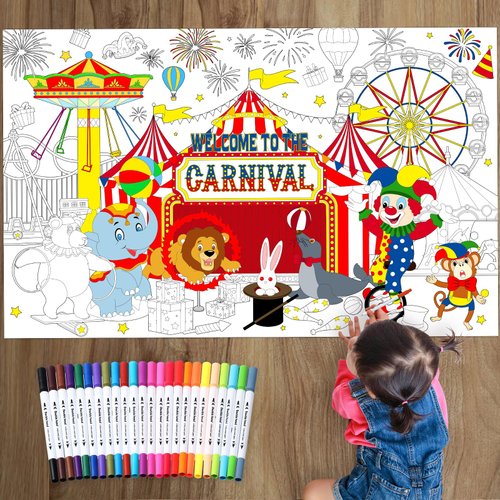Faccito Carnival Coloring Poster with 24 Watercolor Markers 50.4 x 31.5 Inch Giant Coloring Poster Jumbo Circus Craft Coloring Banner Table Cover for Carnival Clown Birthday Activity Party Supplies