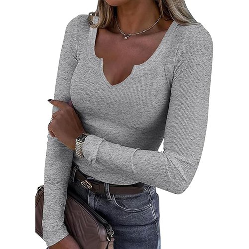 Roselux Women V Neck Ribbed Long Sleeve Shirt Fitted Basic Henley Knit Top Grey M 3190