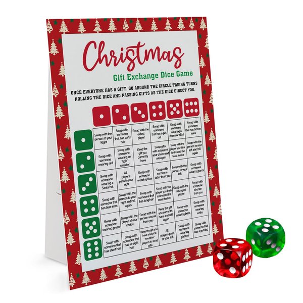 Exchange Dice Game, One Instruction Standing Sign with 2 Dice, Christmas Group Party Game, Xmas Gift Swap Game-SDGE02