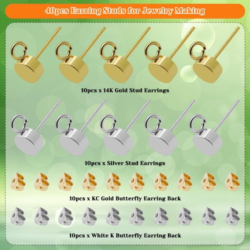 40pcs Earring Studs for Jewelry Making,Ball Post Earring Stud Gold Plated Hypoallergenic Stainless Steel Stud Earrings with Butterfly Ear Back for DIY Earrings Making(14K Gold,Silver)