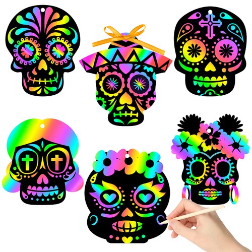 WATINC 60pcs Day of The Dead Skull Scratch Cards Art Hanging Ornaments, DIY Sugar Skull Color Card Craft Kit for Dia De Los Muertos Halloween School Party Supplies Decorations for Kids Adults