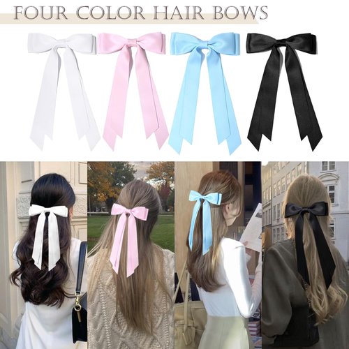 RSWETE 4PCS Hair Bows Hair Clips, Stain Bow Hair Ribbon for Women Girls French Barrette Ponytail Bow Clip Hair Accessories Elegant Cute (White & Black & Pink & Blue)