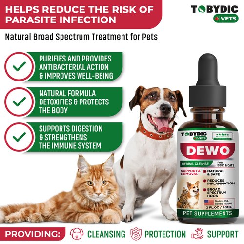 Tobydic Broad Spectrum Herbal Medicine for Cats & Dogs - Prevention & Treatment for Tapeworm, Whipworm, Roundworm, and Hookworm - Medication & Supplement Drops Against Worm Infestations - Made in USA