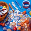 Honoson 110 Pcs Dart Battle Party Favors Supplies Battle Theme Stickers Temporary Tattoos Silicone Bracelets Keychains Badge Stamps with Organza Bags for Birthday Gifts Baby Shower Goodie Bag Fillers