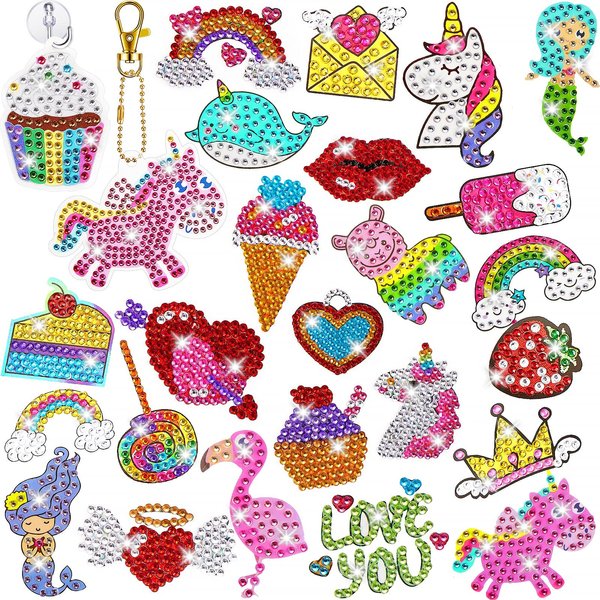 Chinco 32 Pcs Diamond Art Kits for Kids 5d Gem Diamond Art Kit for Kids Ages 6-12 with 24 Stickers/2 Suncatchers/2 Keychain and Hook/4 DIY Tools Painting Art Crafts Gift for Girls Christmas(Cute)