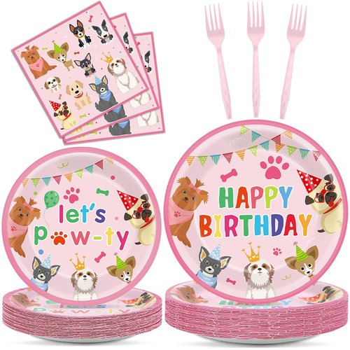 Justforjoyful 200Pcs Dog Birthday Party Decorations Pink Puppy Paper Plates and Napkins Disposable Pet Party Tableware Dinnerware Supplies for Girl Lets Pawty Paw Print Party Favors 50 Guests
