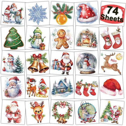 CHARLENT Glitter Christmas Temporary Tattoos for Kids - 74 Individually Sheets Glitter Christmas Tattoos for Kids Christmas Xmas Party Favors, Stocking Stuffer, Christmas Eve Gift