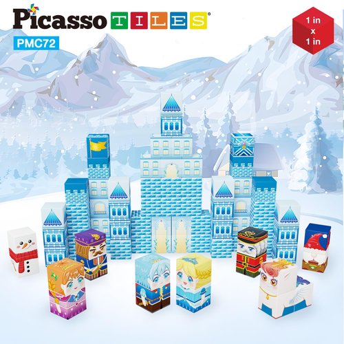 PicassoTiles Magnet Cube Winter Ice Themed Mix and Match Building Block Castle Construction Toy with 7 Magnetic Cubed Character Action Figures STEM Learning Education Sensory Pretend Play Age 3+ PMC72