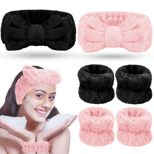 Pimoys 6 Pieces Spa Headband and Wristband Set, Face Wash Headbands Makeup Headband and Wrist Bands for Washing Face and Skin Care (Black and Pink)