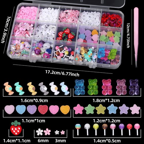 Candy Nail Charms, Candy Bears Flowers Flatback Pearls Multi Shapes and Colors Heart Star Srawberry Lollipop Nail Charm Assorted Cute Nail Charms for Nail Art DIY with Pickup Tools