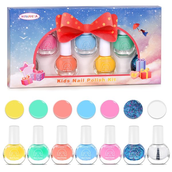 wakaniya Kids Nail Polish for Girls, Mini Nail Polish Set with Clear Non-Toxic Nail Polish Kit, Water-Based Peel-Off Quick Dry Low Odor Nail Polish Set Ages 3+