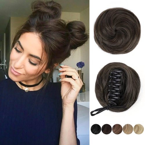 BOGSEA 2PCS Space Buns Hair Pieces,Mini Claw Clip in Hair Bun Hair Pieces Synthetic Scrunchies Princess Leia Buns Hair Extension Space Buns Clip in Hair Pieces for Women (Dark Brown)