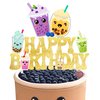 Bubble Birthday Party Cake Topper Bubble Milk Tea Gold Glitter Happy Birthday Cake Topper Funny Boba Tea Birthday Decoration for Bubble Theme Party Pearl Milk Tea Party Baby Shower Supplies