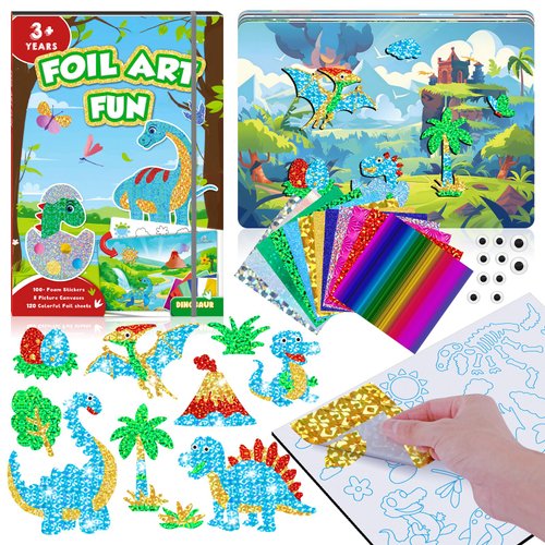 homicozy Art & Craft Activity for Kids-Foil Fun Dinosaur,No Mess Art Crafts for Girls,DIY Foil Foam Stickers,Creative Activity Kits,Kids Travel Toys,Gifts for Girls & Boys Ages 4-10