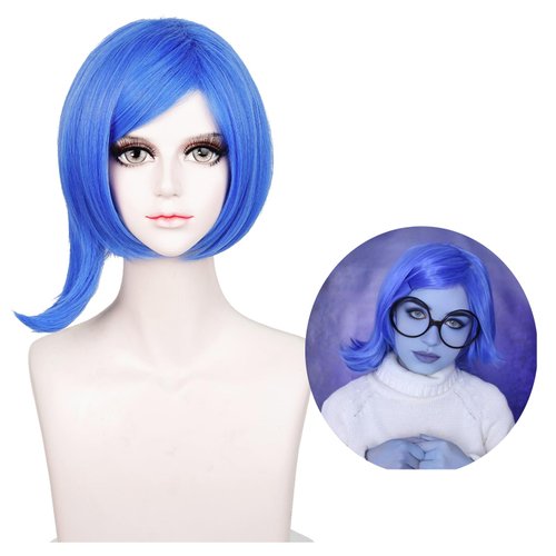Alacos Blue Cosplay Wig Short for Men Women Anime Straight Costume Wigs for Halloween Party Costume+Wig Cap (Sadness Blue)